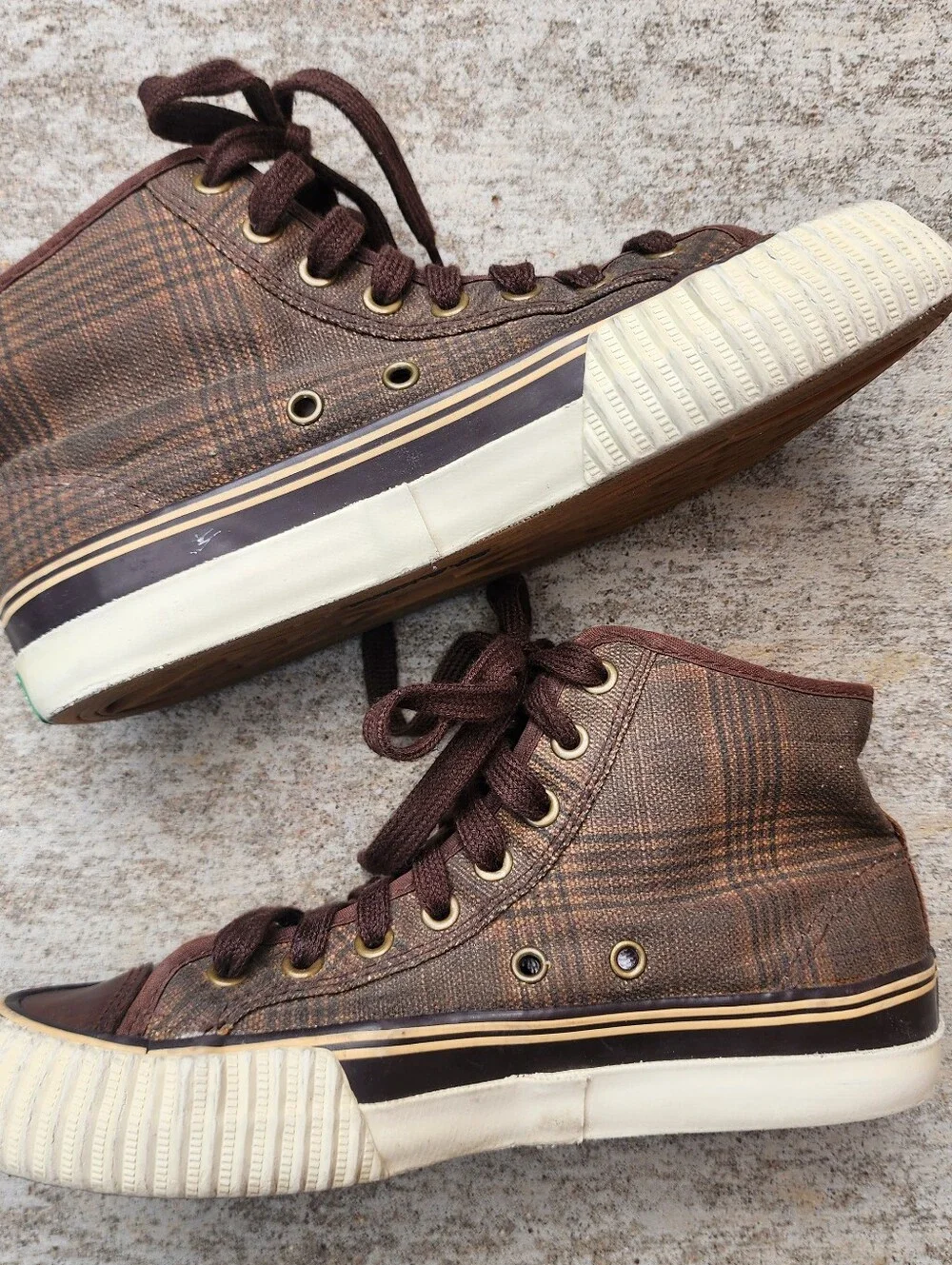 PF Flyers Brown Canvas Plaid High-Top Grunge Skater Sneakers, Sz M 5.5, W 7